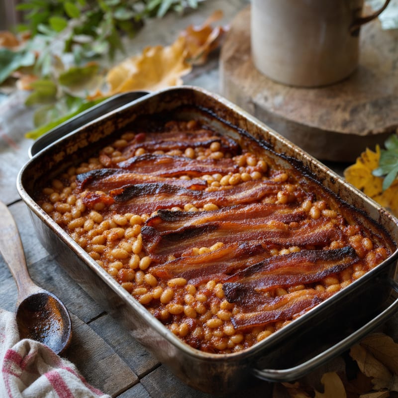 Eine Portion Baked Beans auf rustikalem Holz, dazu weiße Bohnen und durchwachsener Speck (mit AI erstelltes Bild)