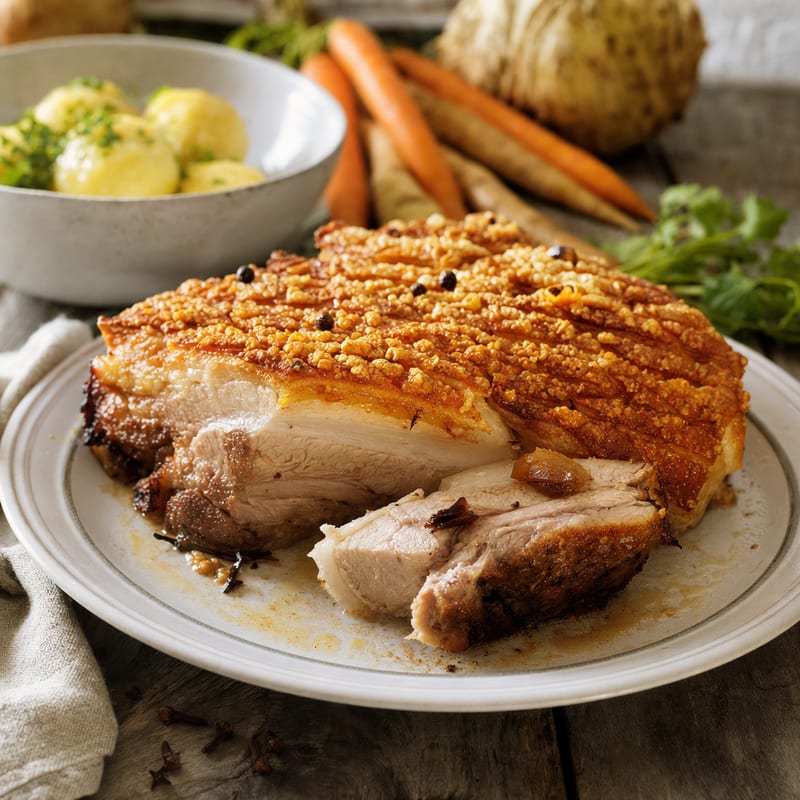 Eine Portion Bayerischer Schwärtelbraten auf rustikalem Holz, dazu Gewürznelken und Wasser (mit AI erstelltes Bild)