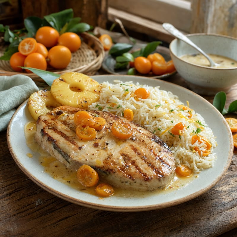 Blue Marlin mit Kokossauce und Kumquats, angerichtet und von der Seite belichtet; im Hintergrund Blue Marlin Steak und El Öl zum Braten (mit AI erstelltes Bild)