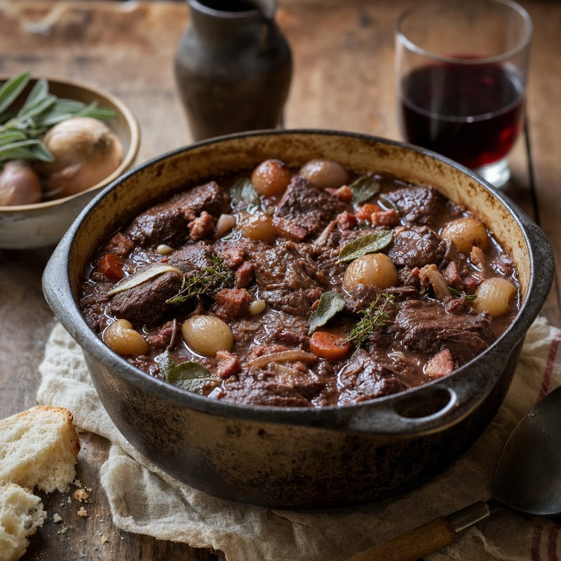 Boeuf en Daube in natürlichem Fensterlicht, mit getrocknet Salbeiblätter Majoran und frischen Zutaten daneben (mit AI erstelltes Bild)
