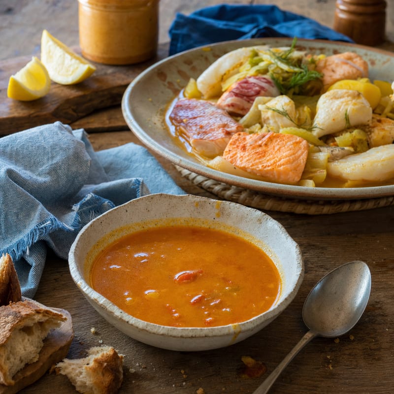 Eine Portion Bouillabaisse auf rustikalem Holz, dazu Seefisch und verschiedene Sorten z. B Lachs (mit AI erstelltes Bild)