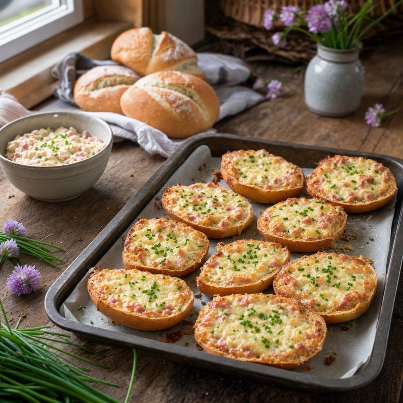 Endiviensalat als Brotaufstrich mit Schinken und Käse auf einem Holztisch, daneben Briegel und gekochter Schinken (mit AI erstelltes Bild)