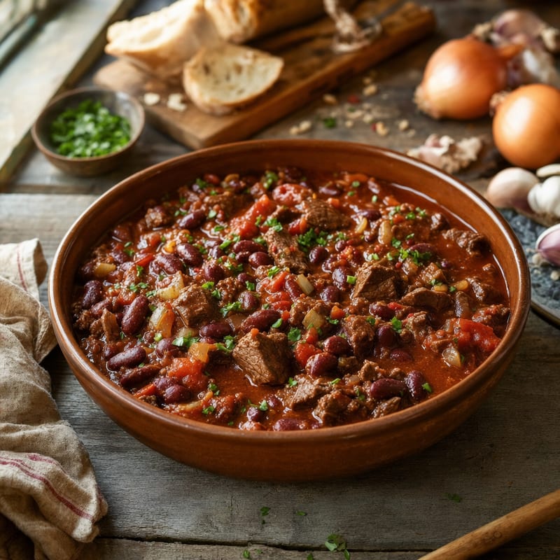 Chili con Carne in natürlichem Fensterlicht, mit Rindfleisch und Olivenöl daneben (mit AI erstelltes Bild)