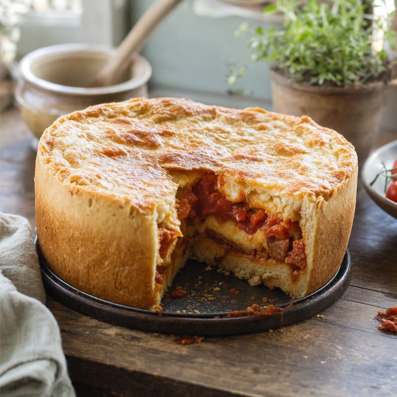 Deep Dish Pizza, angerichtet und von der Seite belichtet; im Hintergrund Mehl und ca. 280 ml lauwarmes Wasser (mit AI erstelltes Bild)
