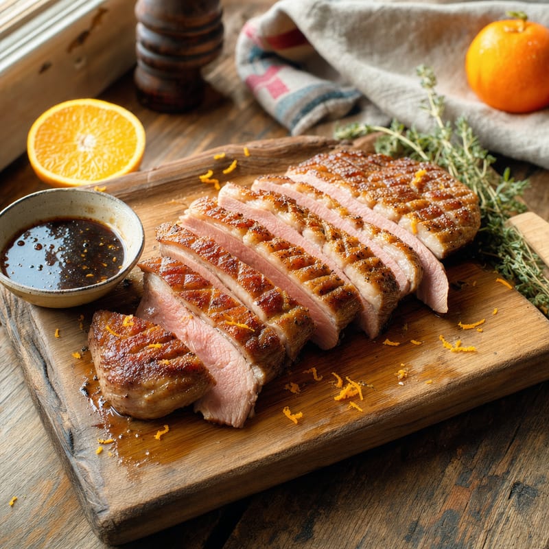 Gegrillte Entenbrust mit rautenförmig eingeschnittener, knuspriger Haut, quer aufgeschnitten auf einem Holzbrett, daneben Orangenschale und eine Schale Marinade (mit AI erstelltes Bild)