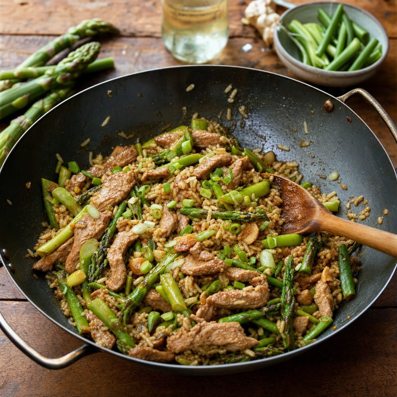 Eine Portion Grüner Spargel Schweinefilet Wok auf rustikalem Holz, dazu Reis und Schweinefilet (mit AI erstelltes Bild)