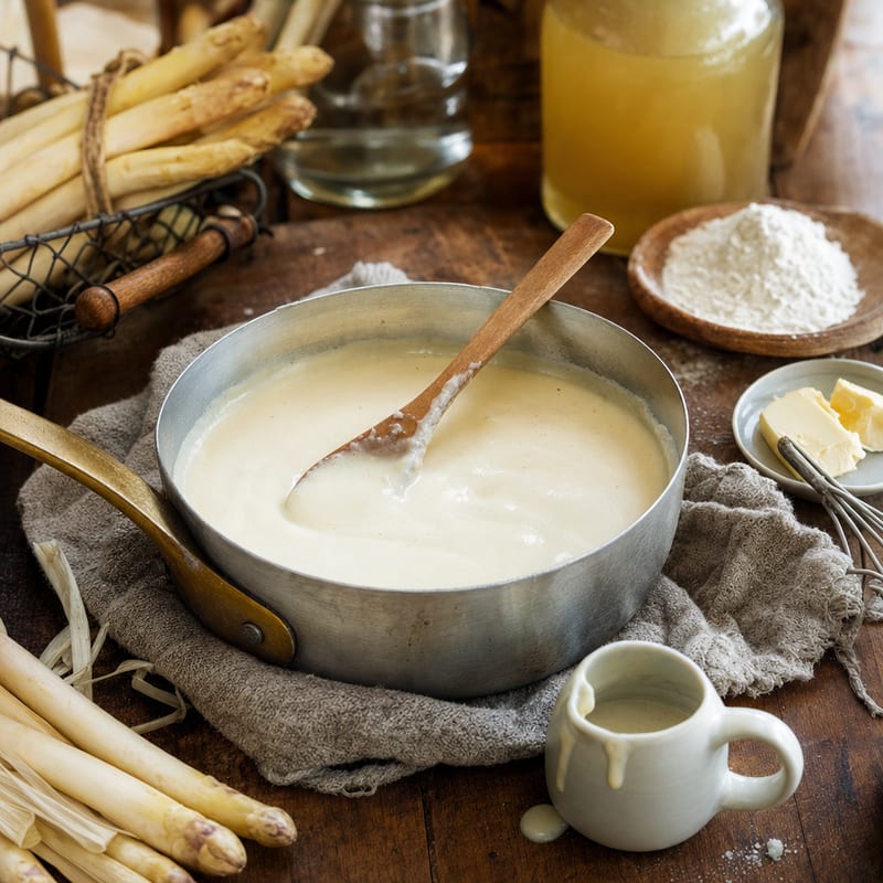 Helle Soße auf der Basis einer Mehlschwitze / helle Einbrenne, angerichtet und von der Seite belichtet; im Hintergrund Pflanzenmargarine oder Butter und Weizenmehl Type 405 (mit AI erstelltes Bild)
