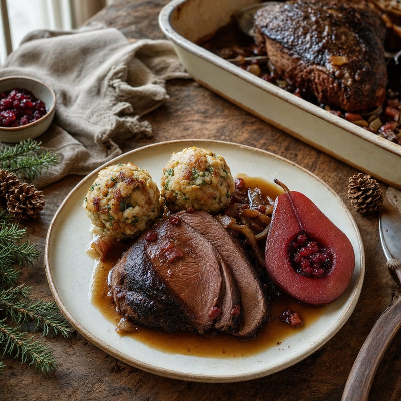 Hirschkeule mit Semmelknödel und Preiselbeerbirne auf einem Holztisch, daneben Hirschkeule mit Knochen und Rotwein (mit AI erstelltes Bild)