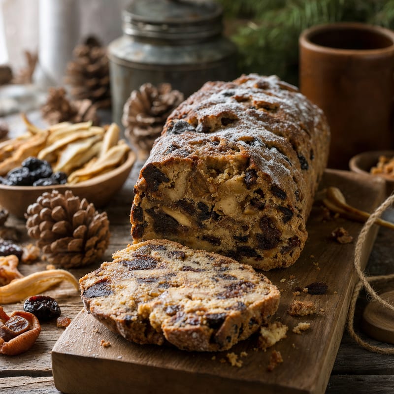 Eine Portion Hutzelbrot mit getrockneten Birnen und Zwetschgen auf rustikalem Holz, dazu Mehl und getrocknete Birnen (mit AI erstelltes Bild)