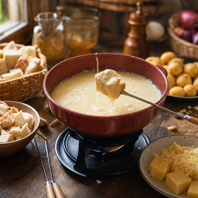 Käsefondue auf einem Holztisch, daneben Greyerzer und Emmentaler (mit AI erstelltes Bild)