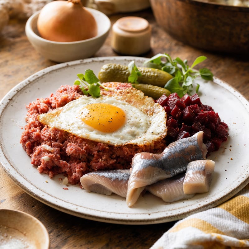 Labskaus auf einem Holztisch, daneben Pökelfleisch und Zwiebel (mit AI erstelltes Bild)