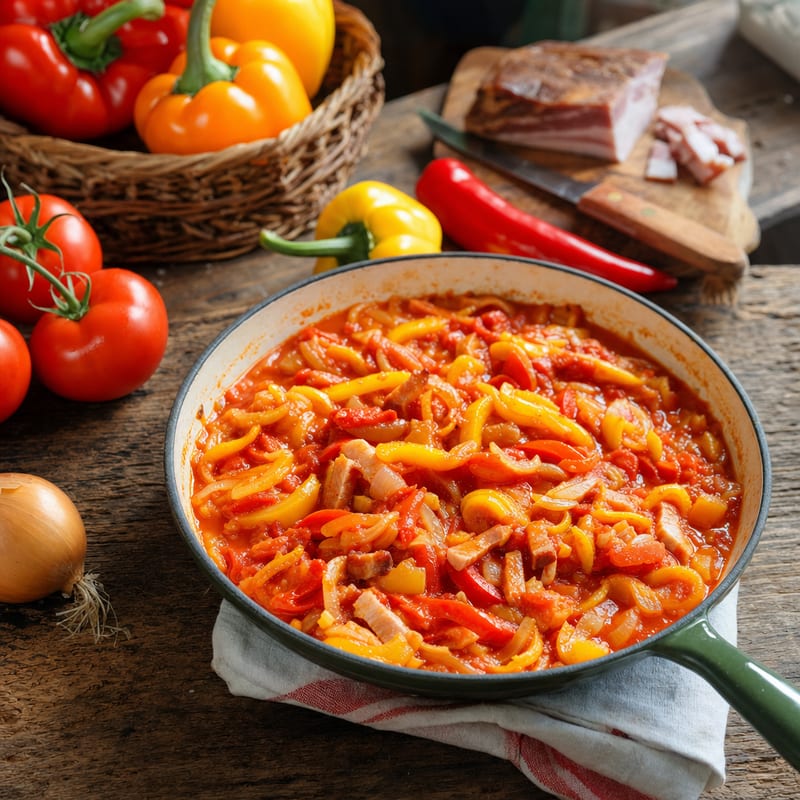 Lecsó auf einem Holztisch, daneben Tomaten und Paprikaschoten (mit AI erstelltes Bild)