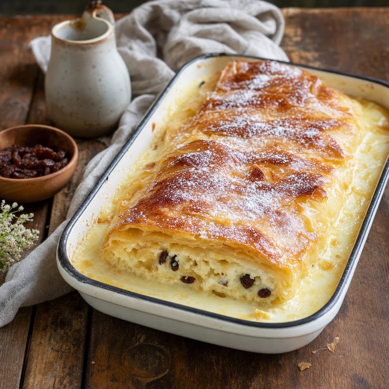 Eine Portion Milchrahmstrudel auf rustikalem Holz, dazu Mehl Type 405 und St. Ei (mit AI erstelltes Bild)