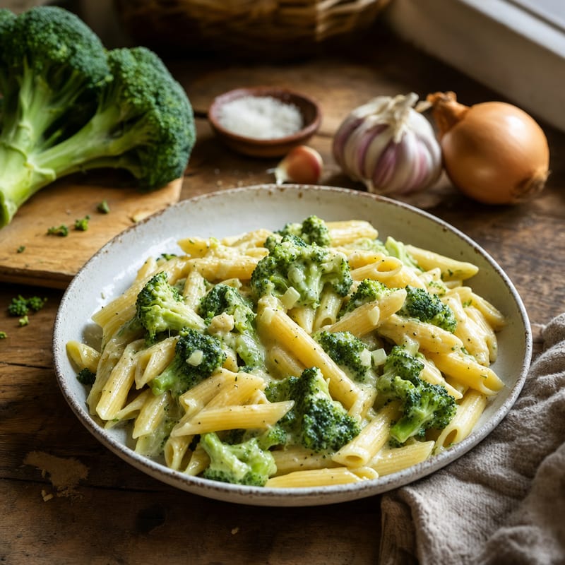Penne rigate mit Broccoli - Sahne Soße in natürlichem Fensterlicht, mit Penne rigate und Broccoli ca. 450 g daneben (mit AI erstelltes Bild)