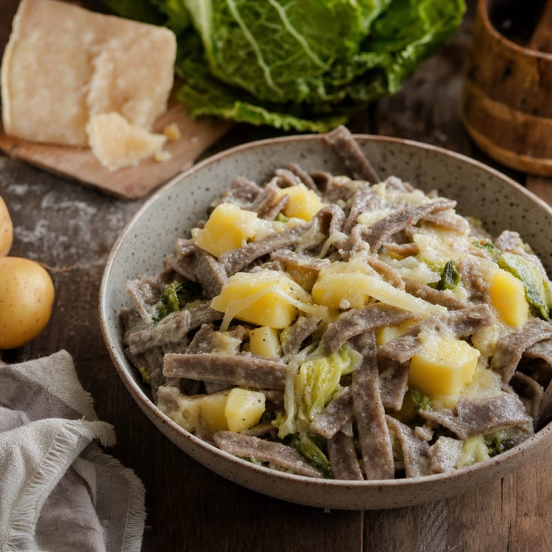 Pizzoccheri aus dem Veltlin Nudelgericht auf einem Holztisch, daneben Buchweizenmehl und Weizenmehl Type 405 (mit AI erstelltes Bild)