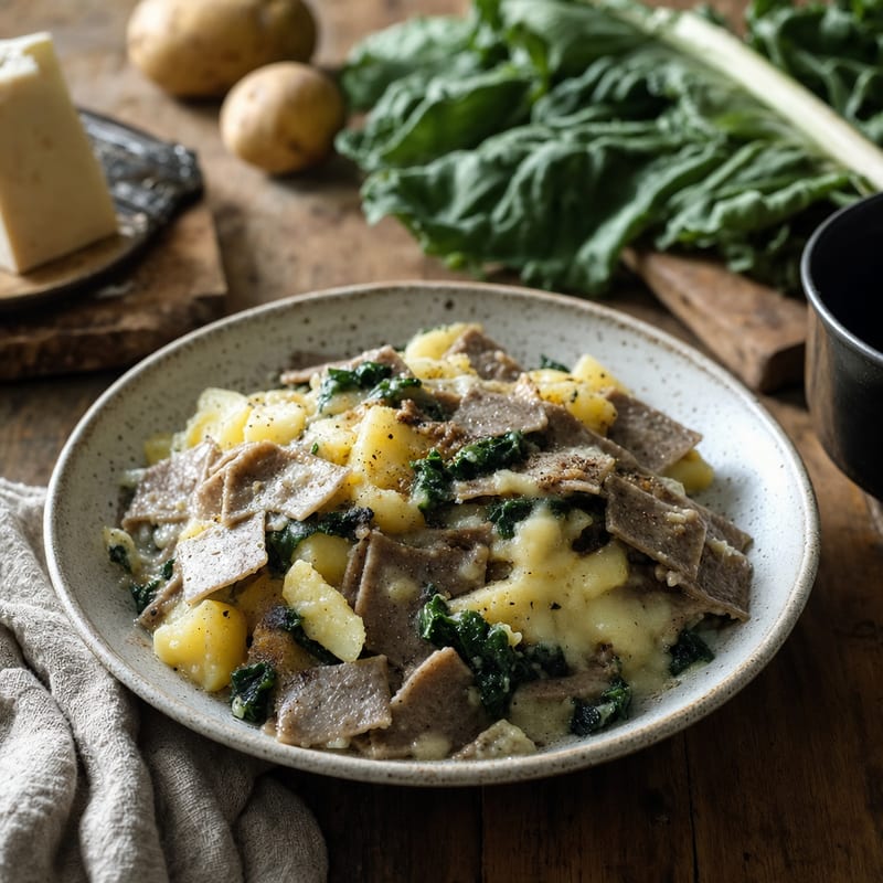 Pizzoccheri mit Mangold und Casera auf einem Holztisch, daneben Buchweizenmehl und Weizenmehl Type 550 (mit AI erstelltes Bild)