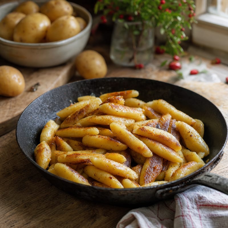 Eine Portion Schupfnudeln auf rustikalem Holz, dazu mehlig kochende Kartoffeln und Weizenmehl (mit AI erstelltes Bild)