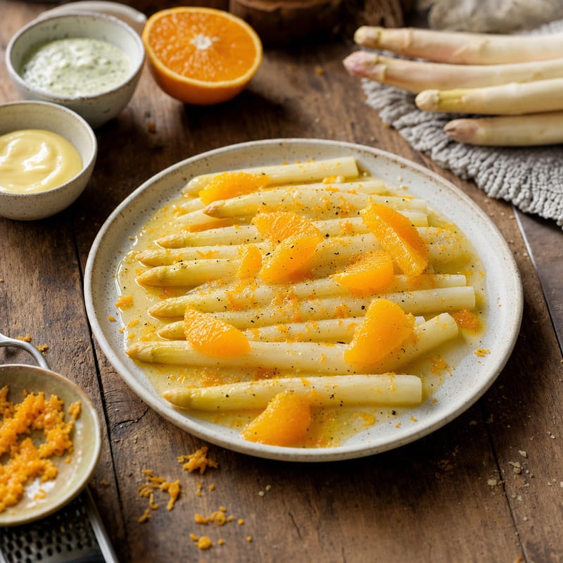Eine Portion Marinierter Spargel mit Orangen - Dipp auf rustikalem Holz, dazu weißer Spargel und Zucker (mit AI erstelltes Bild)