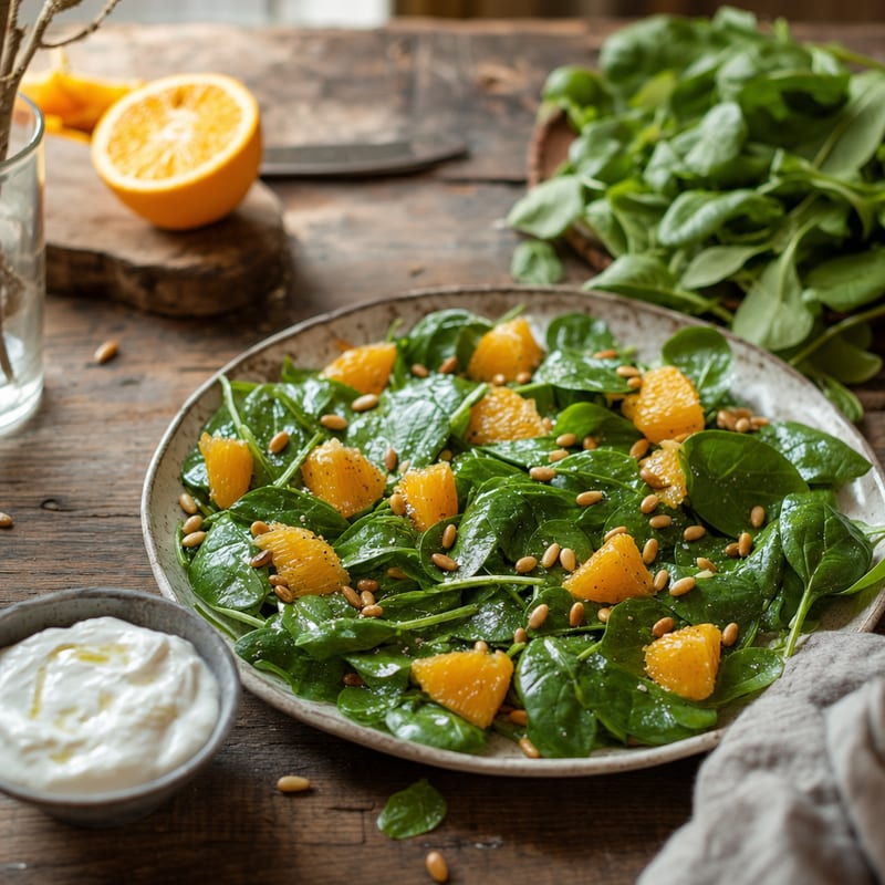 Marinierter Spinat mit Orangenfilets und gerösteten Pinienkernen auf einem flachen Teller, daneben eine Schüssel Joghurt-Dip (mit AI erstelltes Bild)