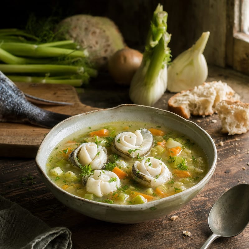 Eine Portion Steinbuttröllchen in Fischsuppe auf rustikalem Holz, dazu Steinbutt von etwa 1 und Stange Staudensellerie (mit AI erstelltes Bild)