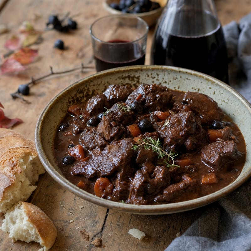 Wildschweinragout mit Schlehensoße, angerichtet und von der Seite belichtet; im Hintergrund Wildschweinschulter ohne Knochen und Brat- und Frittieröl (mit AI erstelltes Bild)