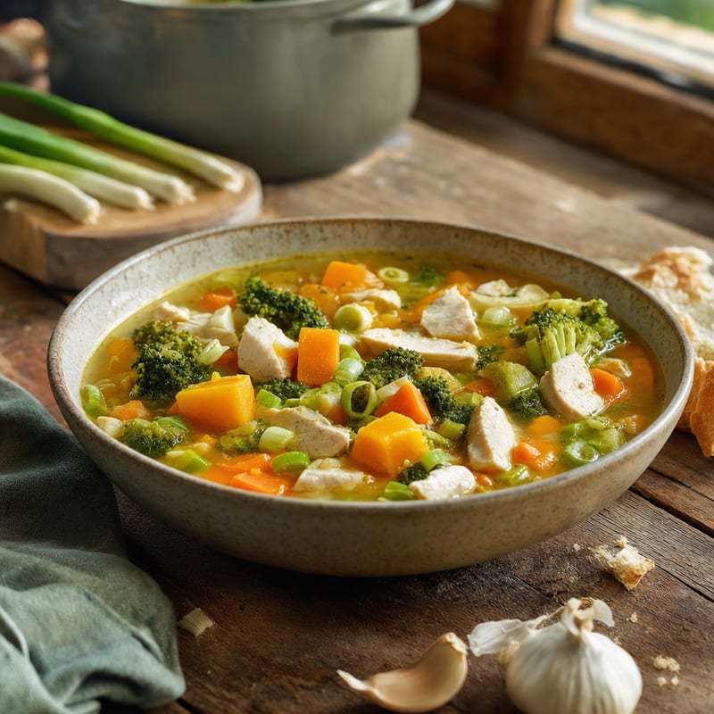 Wunder - Suppe zum Abnehmen, angerichtet und von der Seite belichtet; im Hintergrund Lauchzwiebeln und Knoblauchzehe (mit AI erstelltes Bild)