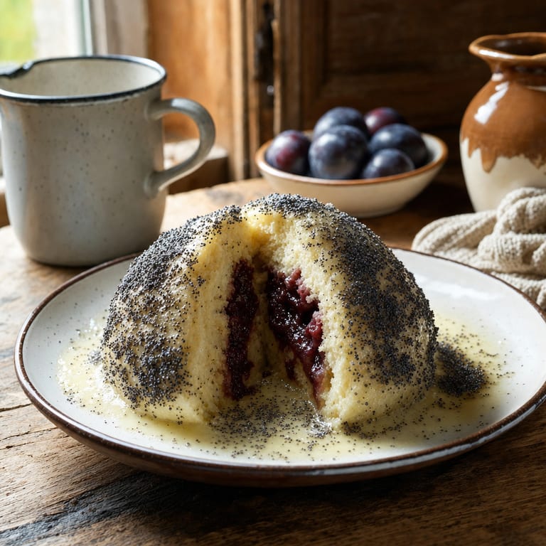 Ein Germknödel in Vanillesauce, dicht mit gemahlenem Mohn bestreut und aufgeschnitten, sodass die Pflaumenmusfüllung zu sehen ist (mit AI erstelltes Bild)