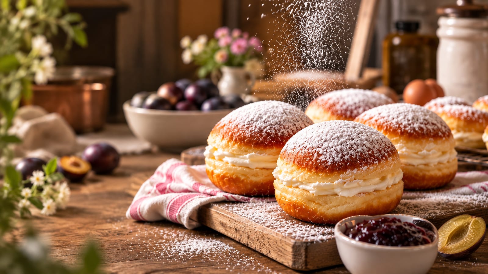 Mit Vanillecreme gefüllte Hefeküchle auf einem Holzbrett, Puderzucker rieselt darauf herab; daneben Zwetschgen, Blumen und ein Schälchen Pflaumenmus (mit AI erstelltes Bild)