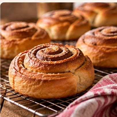 Frisch gebackene Zimtschnecken aus Hefeteig auf einem Kuchengitter, daneben ein rot-weiß gestreiftes Küchentuch (mit AI erstelltes Bild)