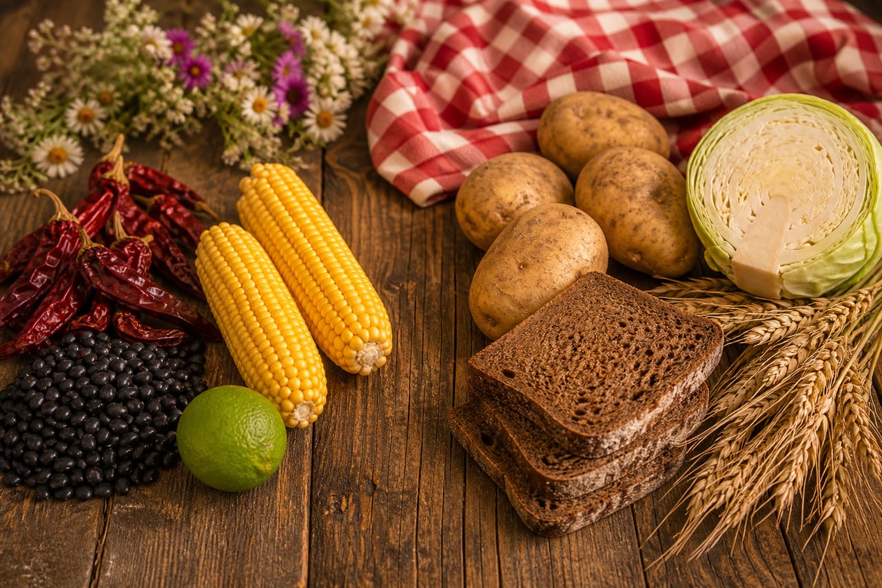 Zutaten beider Küchen nebeneinander auf einem Holztisch: getrocknete Chilischoten, Maiskolben, schwarze Bohnen und eine Limette auf der einen Seite, Kartoffeln, ein halbierter Weißkohl, Roggenbrot und Weizenähren auf der anderen (mit AI erstelltes Bild)