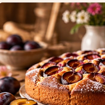 Ein runder Zwetschgenkuchen mit dicht gelegten Fruchthälften und Puderzucker, daneben eine Schale Zwetschgen (mit AI erstelltes Bild)