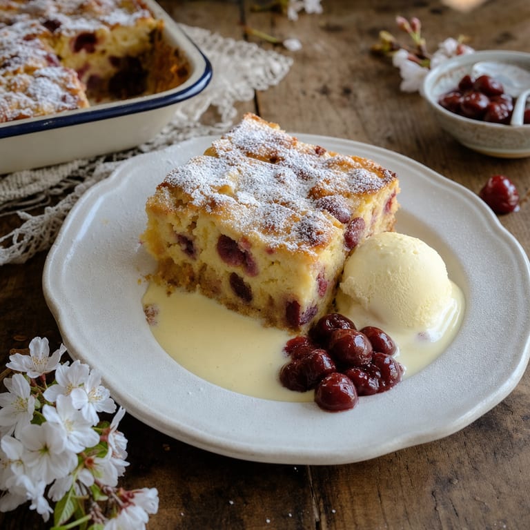 Ein Stück Kirschenmichel auf einem Teller, mit Vanillesauce, Sauerkirschen und einer Kugel Eis (mit AI erstelltes Bild)