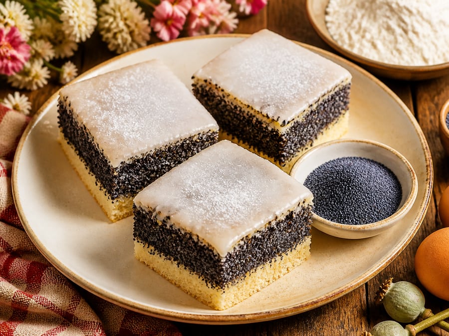 Drei Stücke Mohnkuchen mit heller Glasur auf einem Teller, daneben eine Schale Blaumohn (mit AI erstelltes Bild)