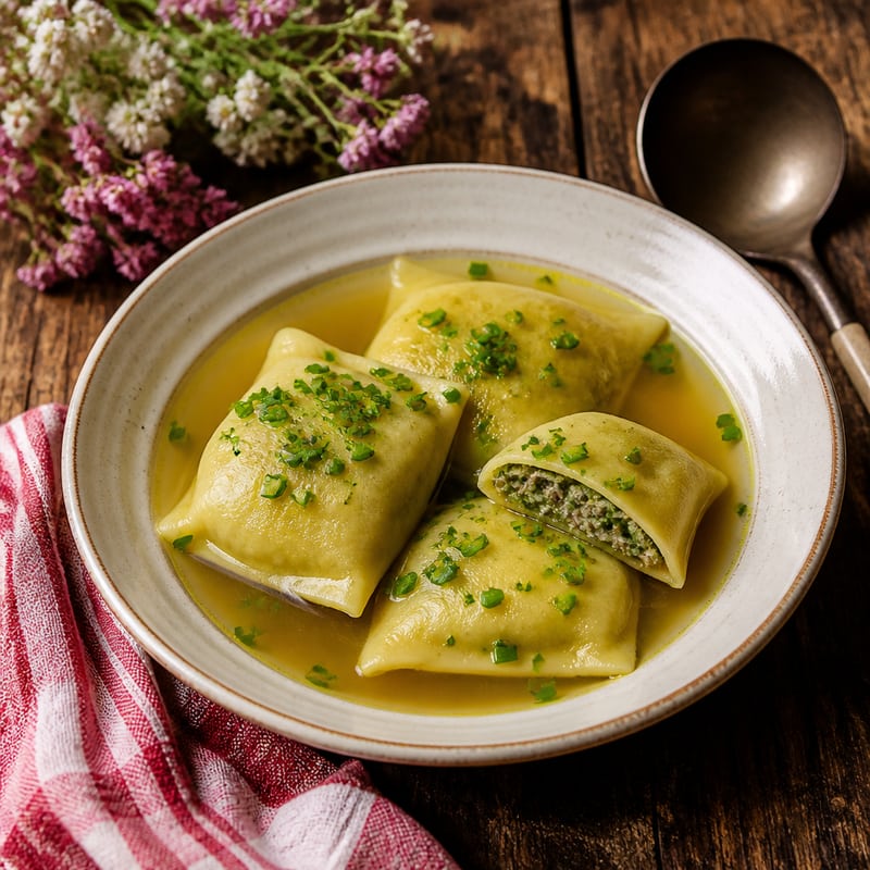 Schwäbische Maultaschen in klarer Brühe auf einem tiefen Teller, mit Schnittlauch bestreut, eine Tasche aufgeschnitten, sodass die Füllung zu sehen ist (mit AI erstelltes Bild)