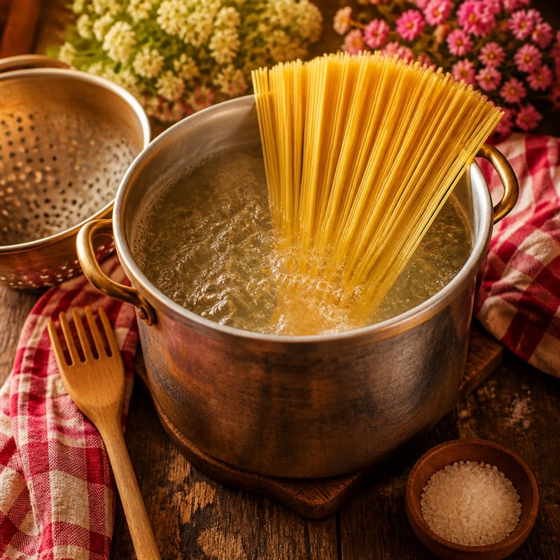 Ein großer Topf mit sprudelndem Salzwasser, in den ein Bund Spaghetti eingelegt wird, daneben ein Sieb, eine Holzgabel und eine Schale grobes Salz (mit AI erstelltes Bild)