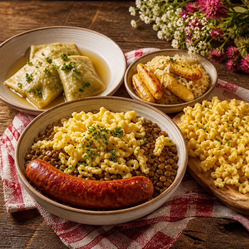 Ein schwäbischer Tisch mit mehreren Gerichten: Linsen mit Spätzle und Saitenwurst, Maultaschen in Brühe, Schupfnudeln und ein Brett mit Spätzle (mit AI erstelltes Bild)
