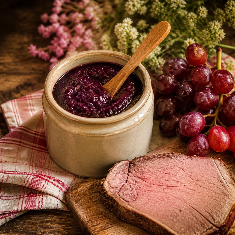 Ein offener Steinguttopf mit dunkelviolettem Senf und einem Holzlöffel darin, daneben rote Trauben und eine Scheibe kalter Rinderbraten (mit AI erstelltes Bild)