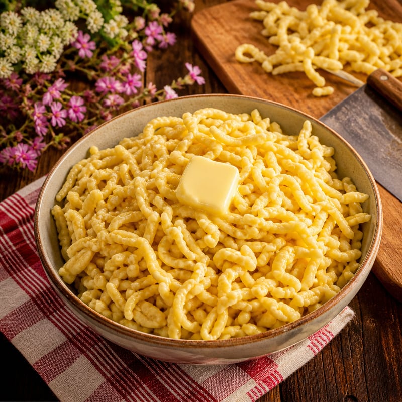 Frische Spätzle in einer weiten Schüssel, daneben das Spätzlesbrett mit dem Schaber, ein Stück Butter schmilzt darauf (mit AI erstelltes Bild)