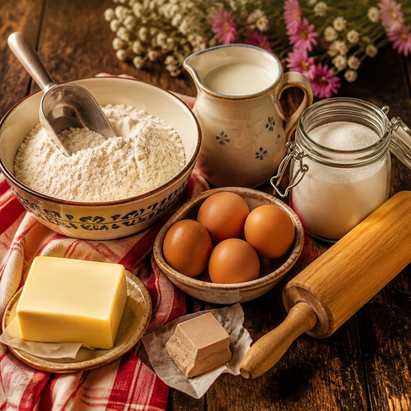 Die Grundausstattung einer Backstube auf dem Tisch: eine Schüssel Mehl mit Schaufel, braune Eier, Butter, ein Glas Zucker, ein Würfel frische Hefe, ein Krug Milch und ein Nudelholz (mit AI erstelltes Bild)