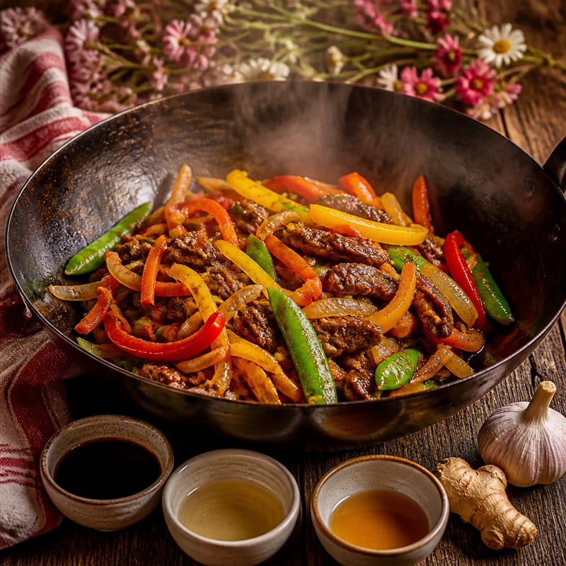 Ein Wok aus Stahl mit gebratenem Gemüse und Fleischstreifen, daneben kleine Schalen mit Sojasauce, Reisessig und Sesamöl sowie Ingwer und Knoblauch (mit AI erstelltes Bild)
