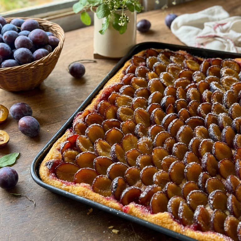 Zwetschgenkuchen vom Blech mit dicht gelegten Fruchthälften und Puderzucker, daneben frische Zwetschgen in einem Korb (mit AI erstelltes Bild)